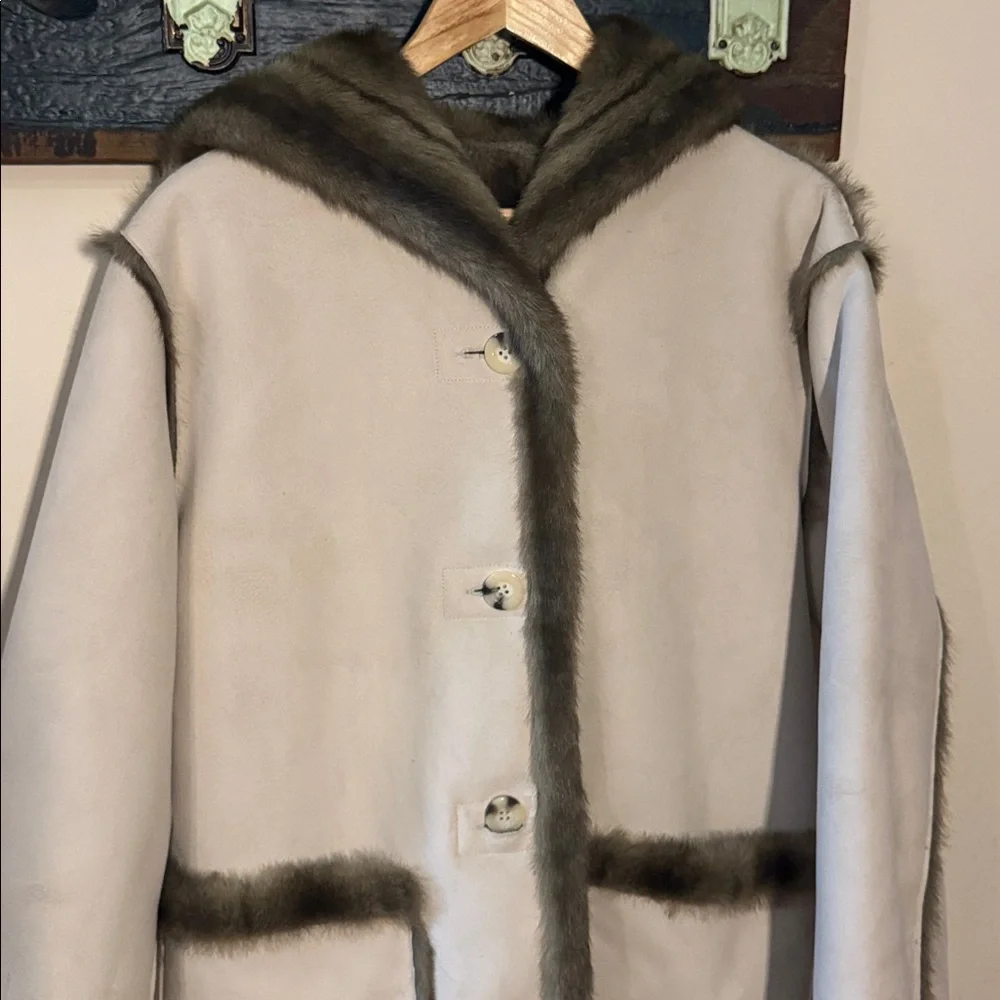 Dennis Basso Reversible Faux Fur Faux Suede Coat with Hood Size Medium - Picture 12 of 16